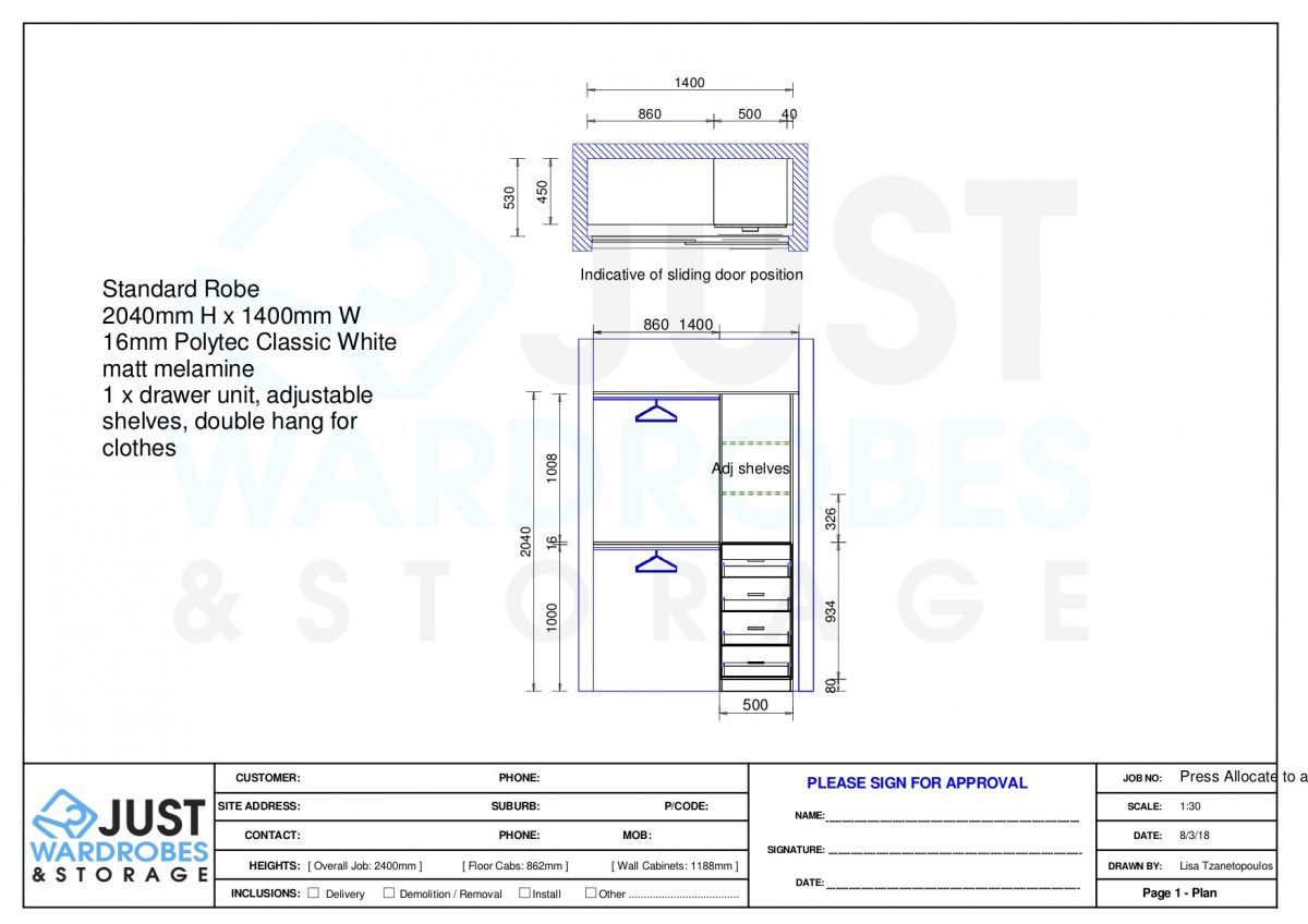 Standard Robe Configurations 1400mm w Just Wardrobes & Storage