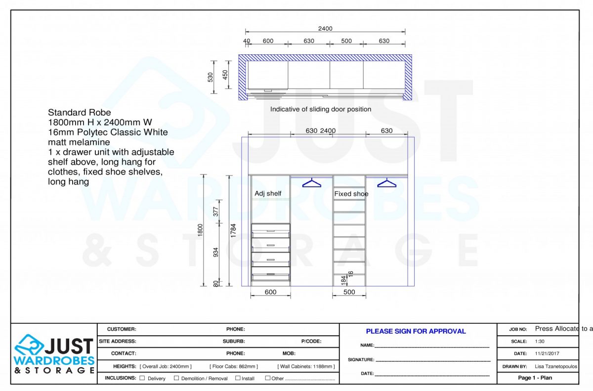 Standard Robe Configurations 2400mm w Just Wardrobes & Storage