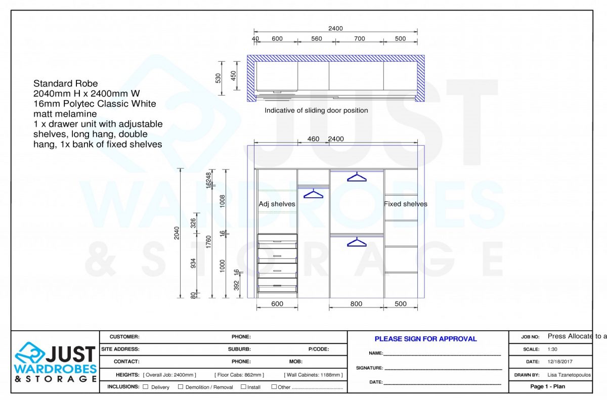 Standard Robe Configurations 2400mm w Just Wardrobes & Storage