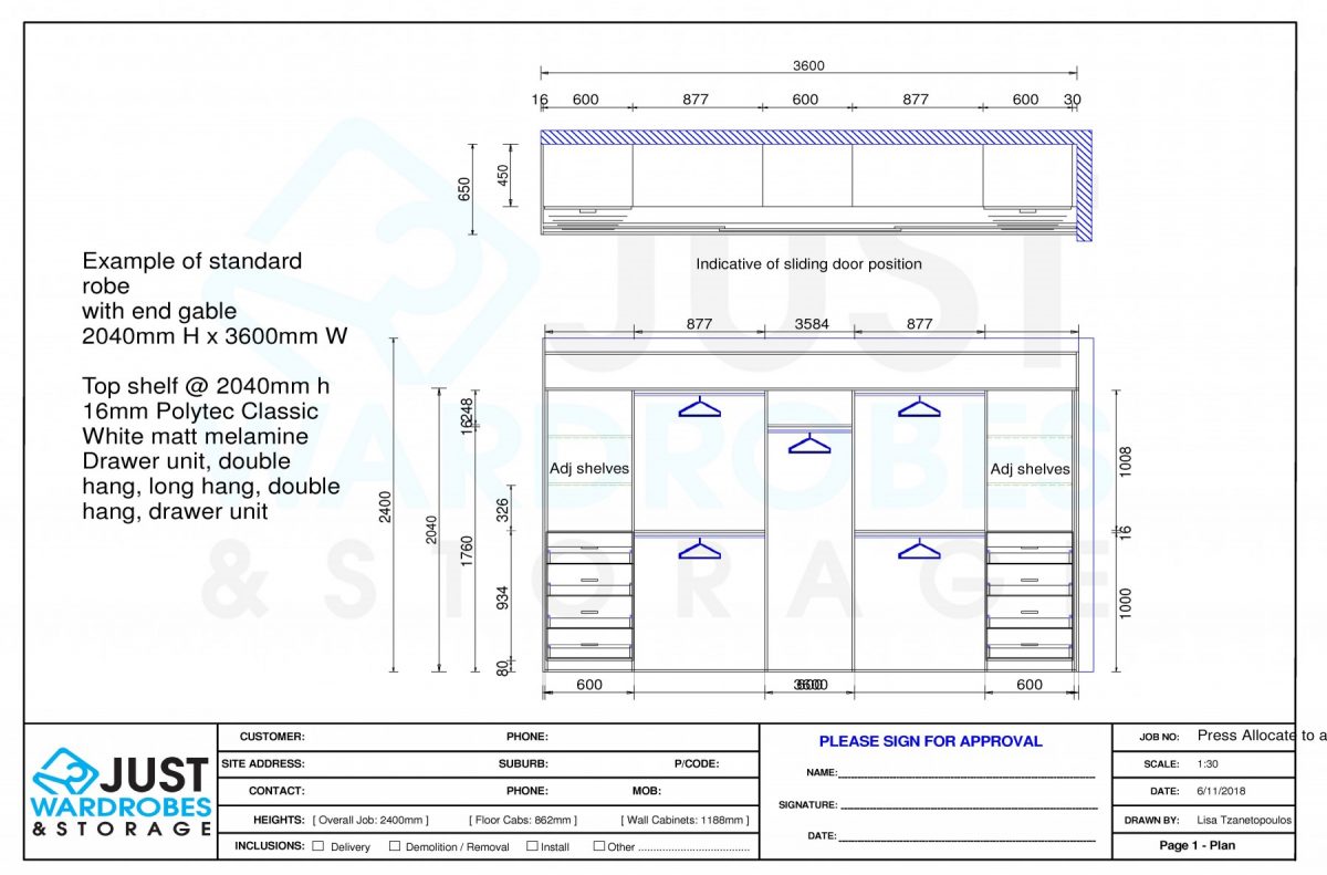 Sliding Robe Configuration Standard Robe Configurations with End Gable 3600mm w - Just Wardrobes ...